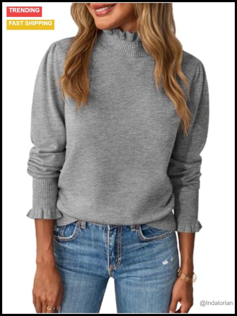 Ruffle Mock Neck Puff Sleeve Knit Pullover Sweater Women
